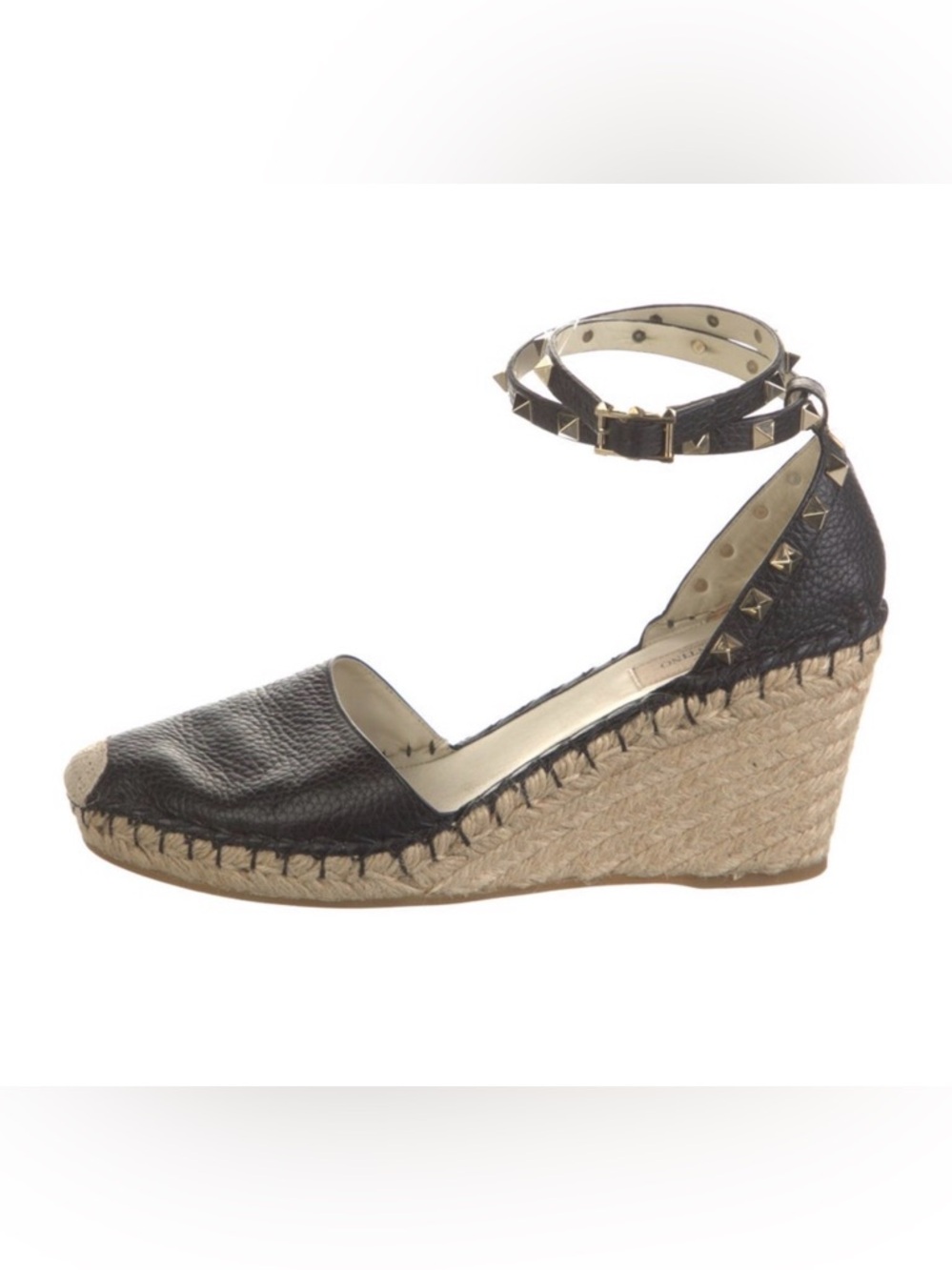Valentino Garavani Black Rockstud Leather Espadrille Wedge Sandal - Women's